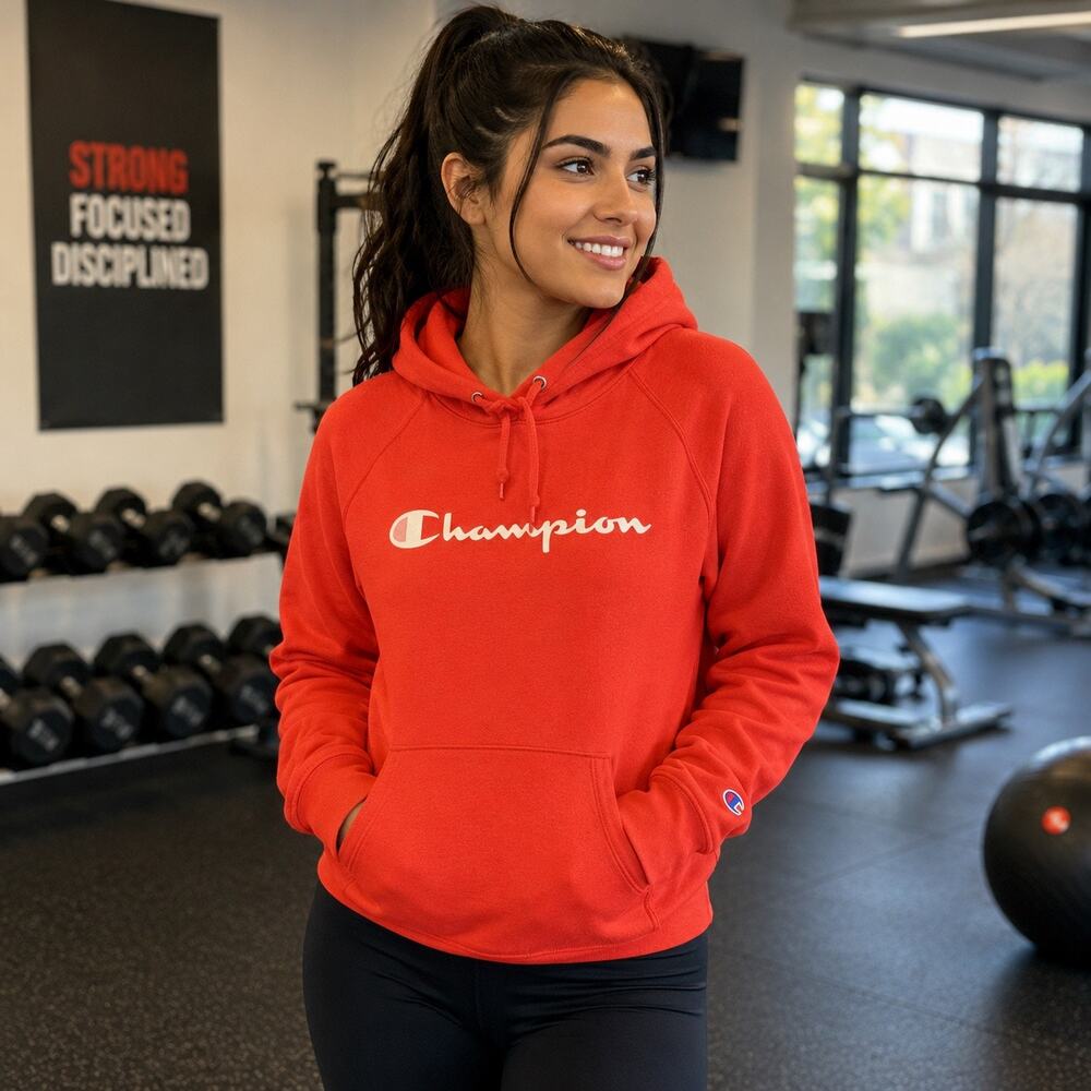 Champion Women’s Red Logo Pullover Hoodie Sweatshirt Size L Athletic Fleece